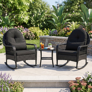 Outdoor Wicker Rocking Chair with Anti-Tip Stoppers and Thick Cushions for Porch-Black view 5