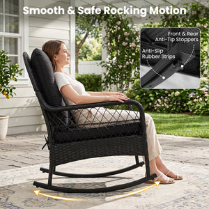 Outdoor Wicker Rocking Chair with Anti-Tip Stoppers and Thick Cushions for Porch-Black view 6
