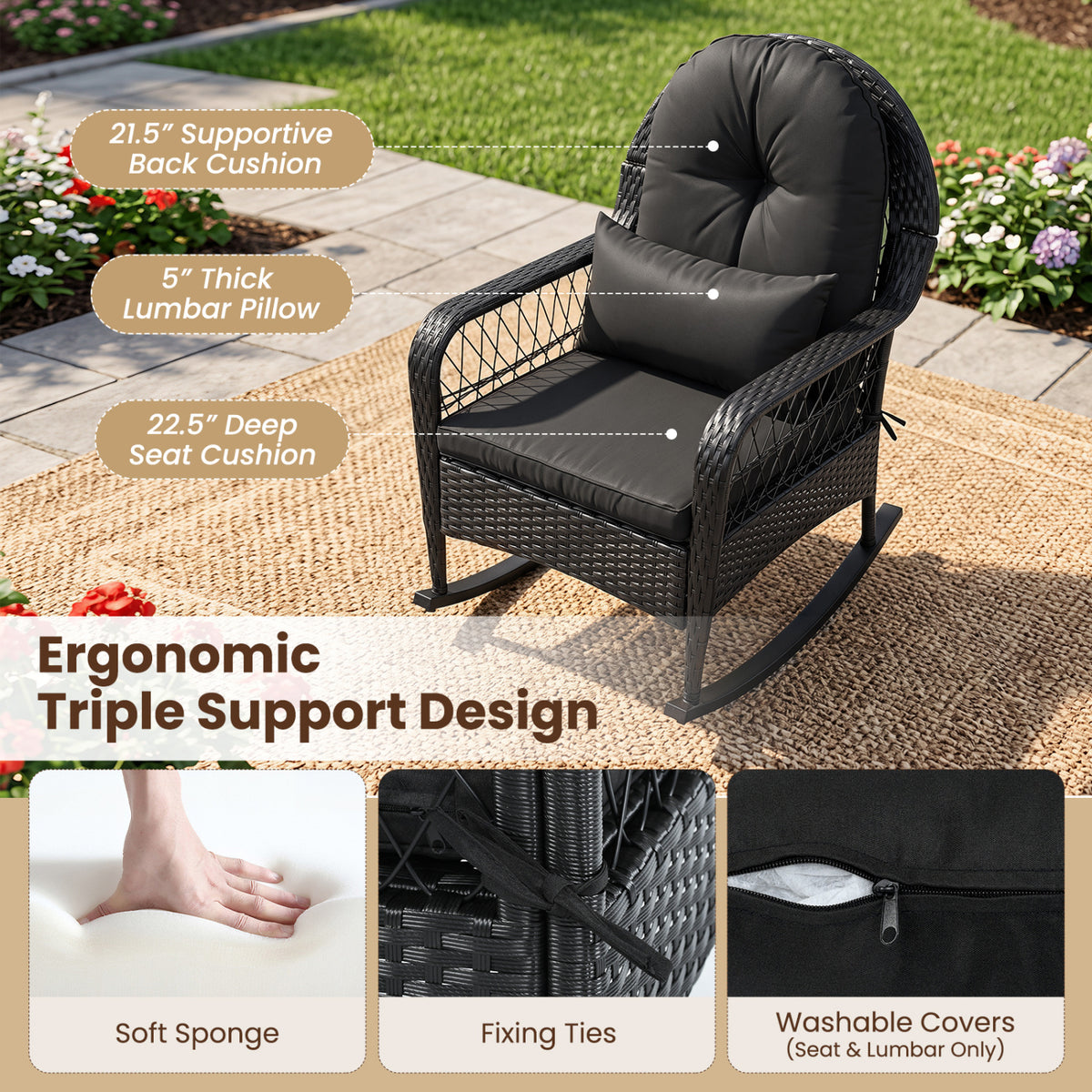 Outdoor Wicker Rocking Chair with Anti-Tip Stoppers and Thick Cushions for Porch-Black view 7