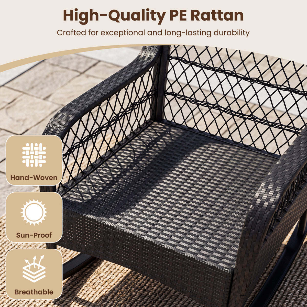 Outdoor Wicker Rocking Chair with Anti-Tip Stoppers and Thick Cushions for Porch-Black view 8