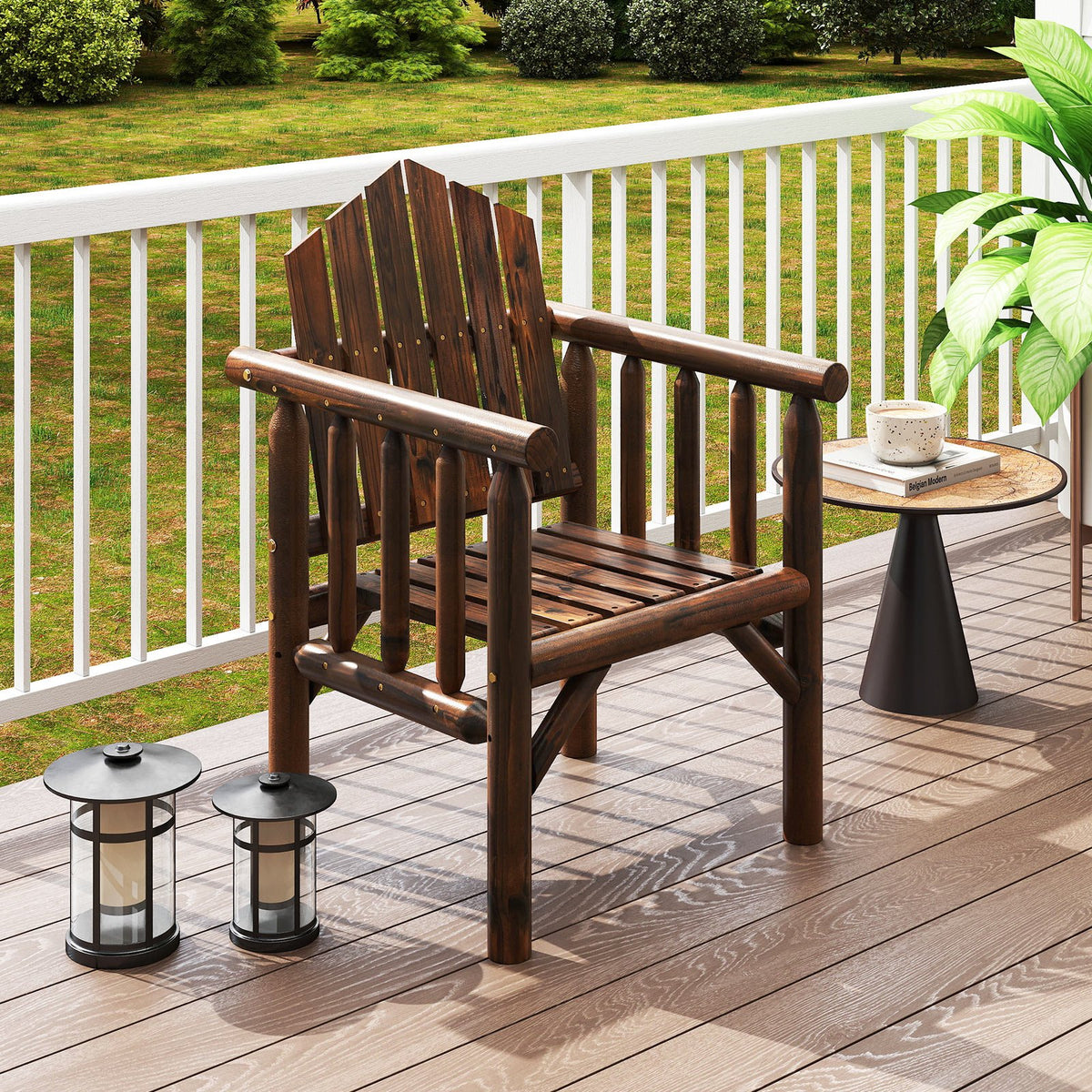 Outdoor Wood Armchair Wooden Patio Dining Chair with Armrests-Brown view 2