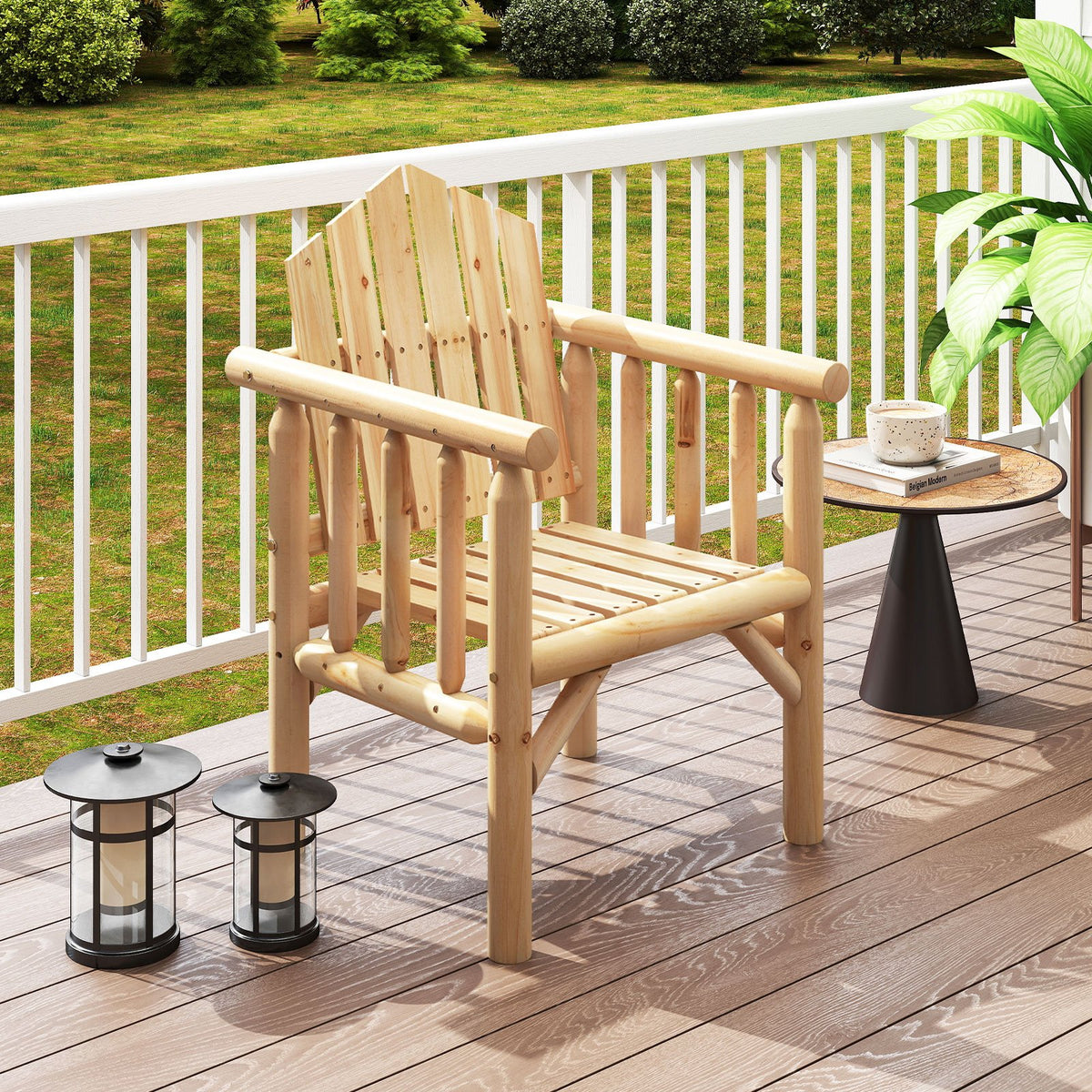 Outdoor Wood Armchair Wooden Patio Dining Chair with Armrests-Natural view 2