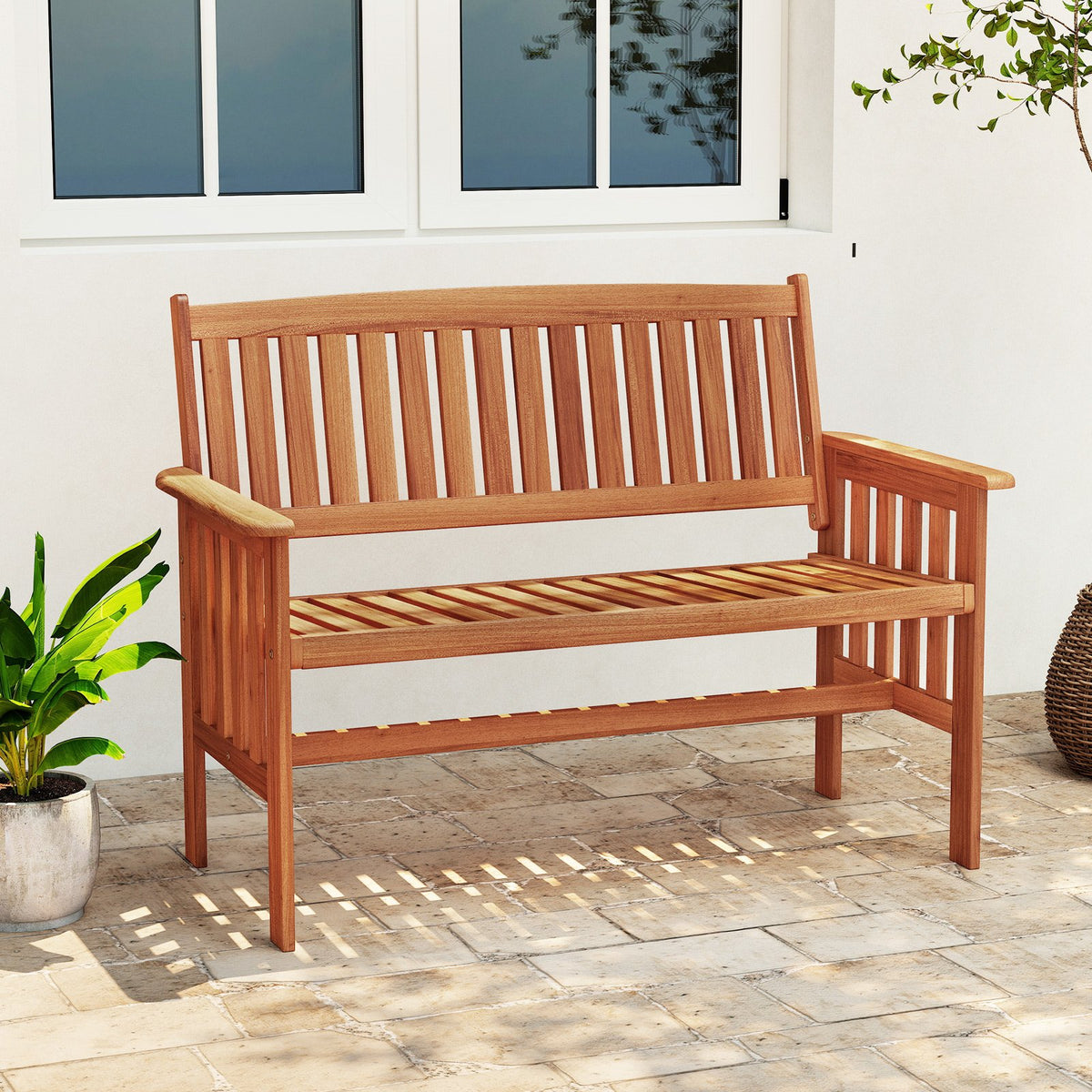 Outdoor Wood Garden Bench 2-Person Patio Park Bench with Backrest Armrests and Slatted Seat view 2
