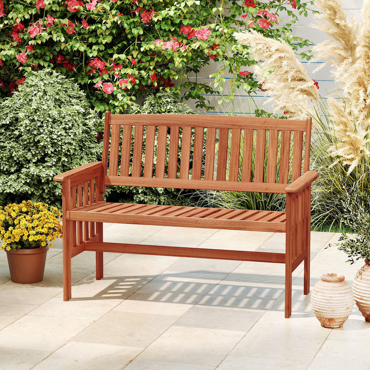 Outdoor Wood Garden Bench 2-Person Patio Park Bench with Backrest Armrests and Slatted Seat view 3