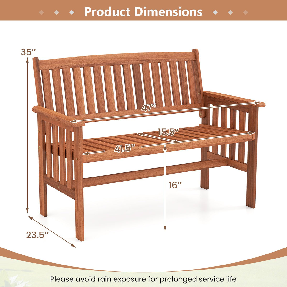 Outdoor Wood Garden Bench 2-Person Patio Park Bench with Backrest Armrests and Slatted Seat view 4