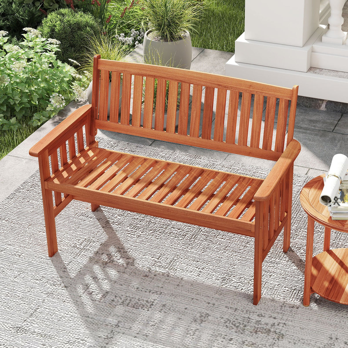 Outdoor Wood Garden Bench 2-Person Patio Park Bench with Backrest Armrests and Slatted Seat view 5