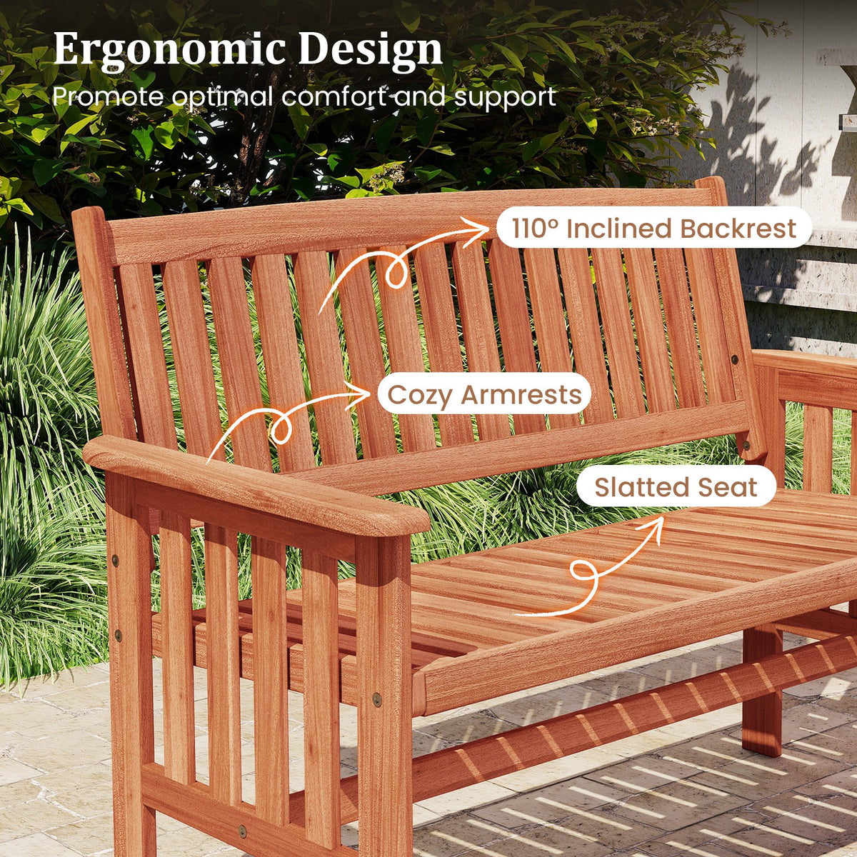 Outdoor Wood Garden Bench 2-Person Patio Park Bench with Backrest Armrests and Slatted Seat view 7