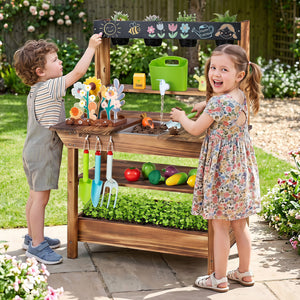Outdoor Wood Mud Kitchen with Water Faucet and Planter for Kids Age 3+-Brown view 2