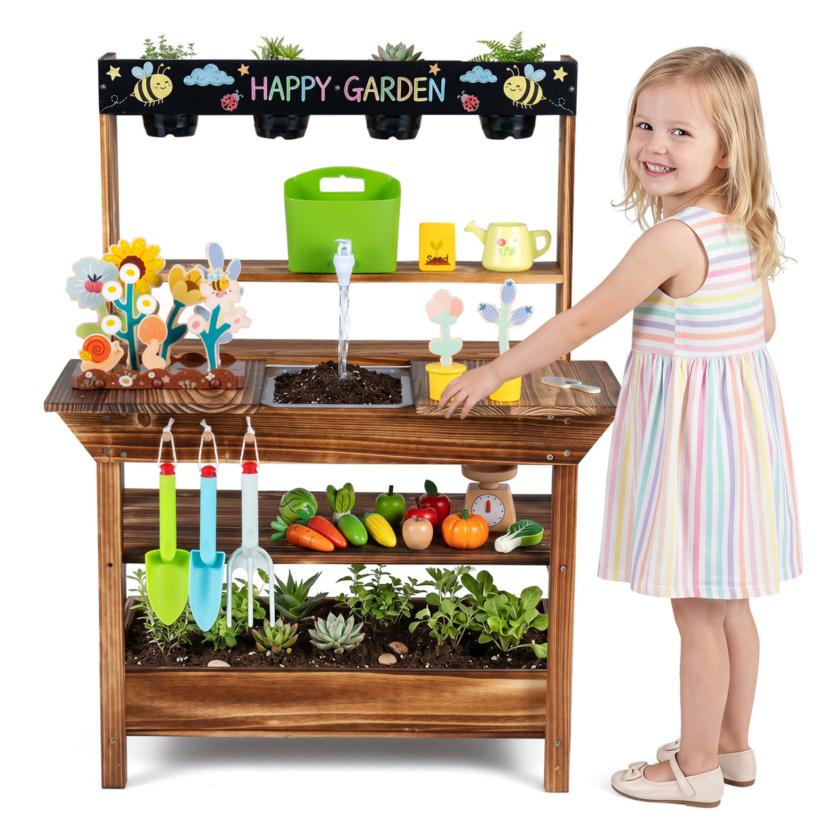 Outdoor Wood Mud Kitchen with Water Faucet and Planter for Kids Age 3+-Brown view 3