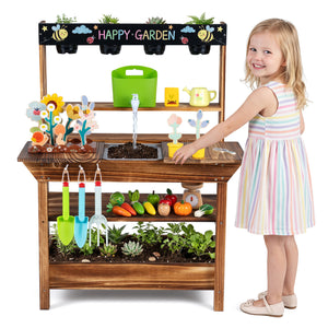 Outdoor Wood Mud Kitchen with Water Faucet and Planter for Kids Age 3+-Brown view 3