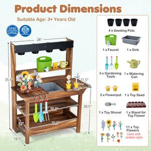 Outdoor Wood Mud Kitchen with Water Faucet and Planter for Kids Age 3+-Brown view 4