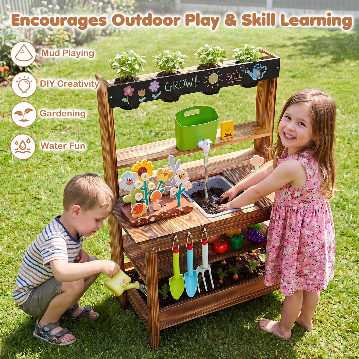 Outdoor Wood Mud Kitchen with Water Faucet and Planter for Kids Age 3+-Brown view 5