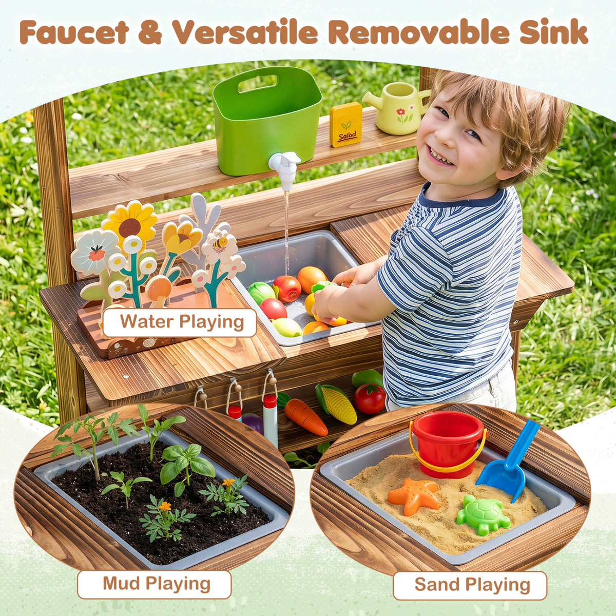 Outdoor Wood Mud Kitchen with Water Faucet and Planter for Kids Age 3+-Brown view 6