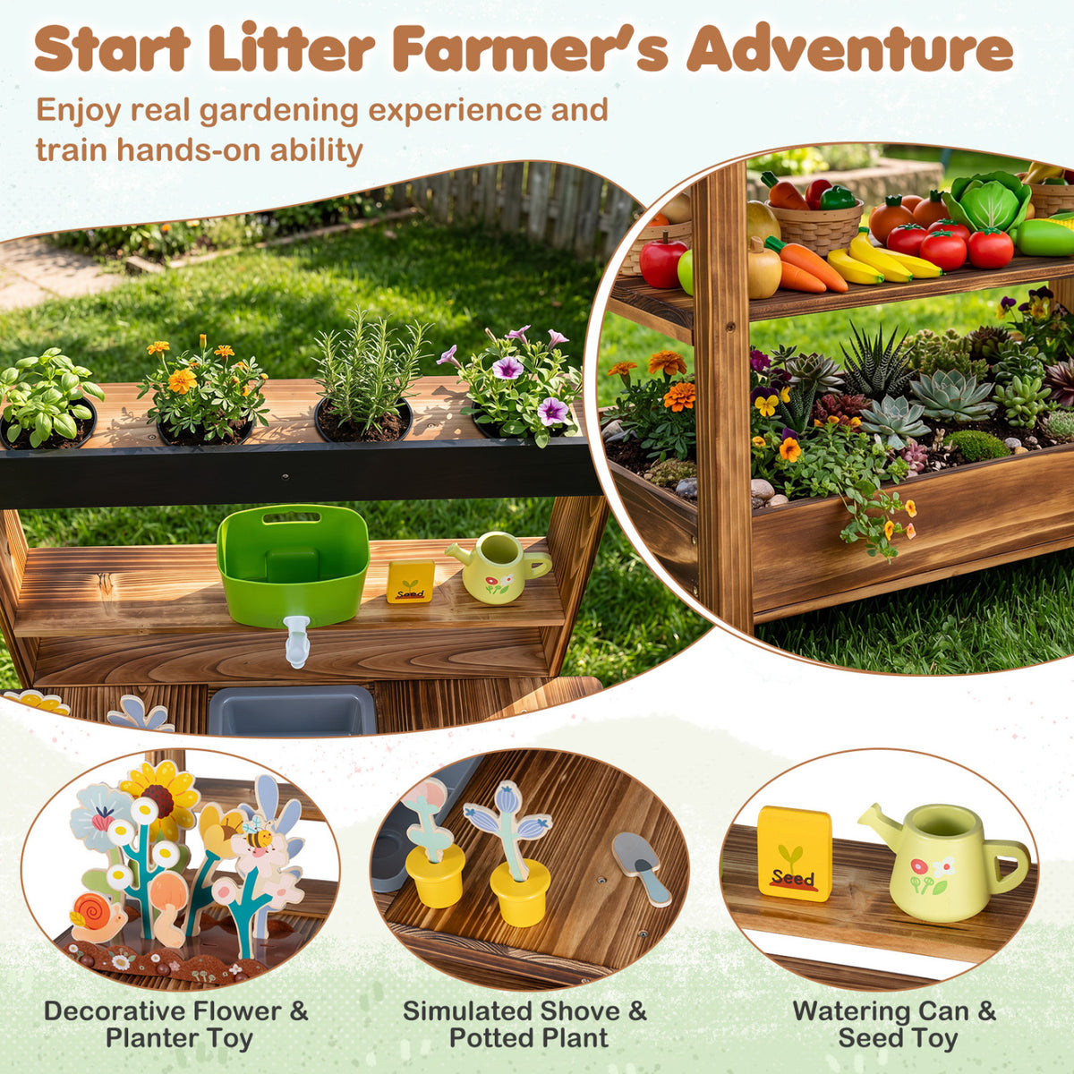 Outdoor Wood Mud Kitchen with Water Faucet and Planter for Kids Age 3+-Brown view 7