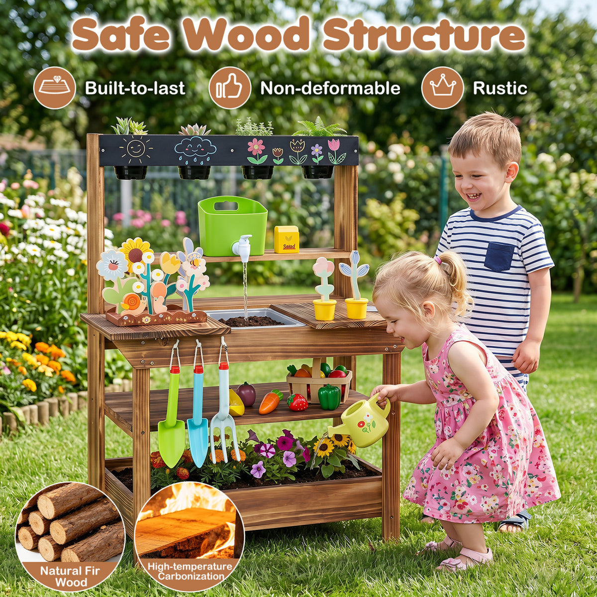Outdoor Wood Mud Kitchen with Water Faucet and Planter for Kids Age 3+-Brown view 8