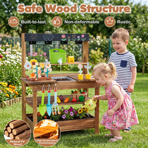 Outdoor Wood Mud Kitchen with Water Faucet and Planter for Kids Age 3+-Brown view 8