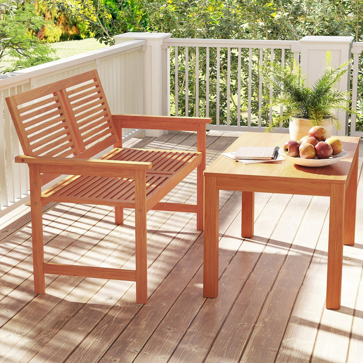 Outdoor Wooden Bench 2-Person Patio Bench with Slatted Backrest and Seat view 3