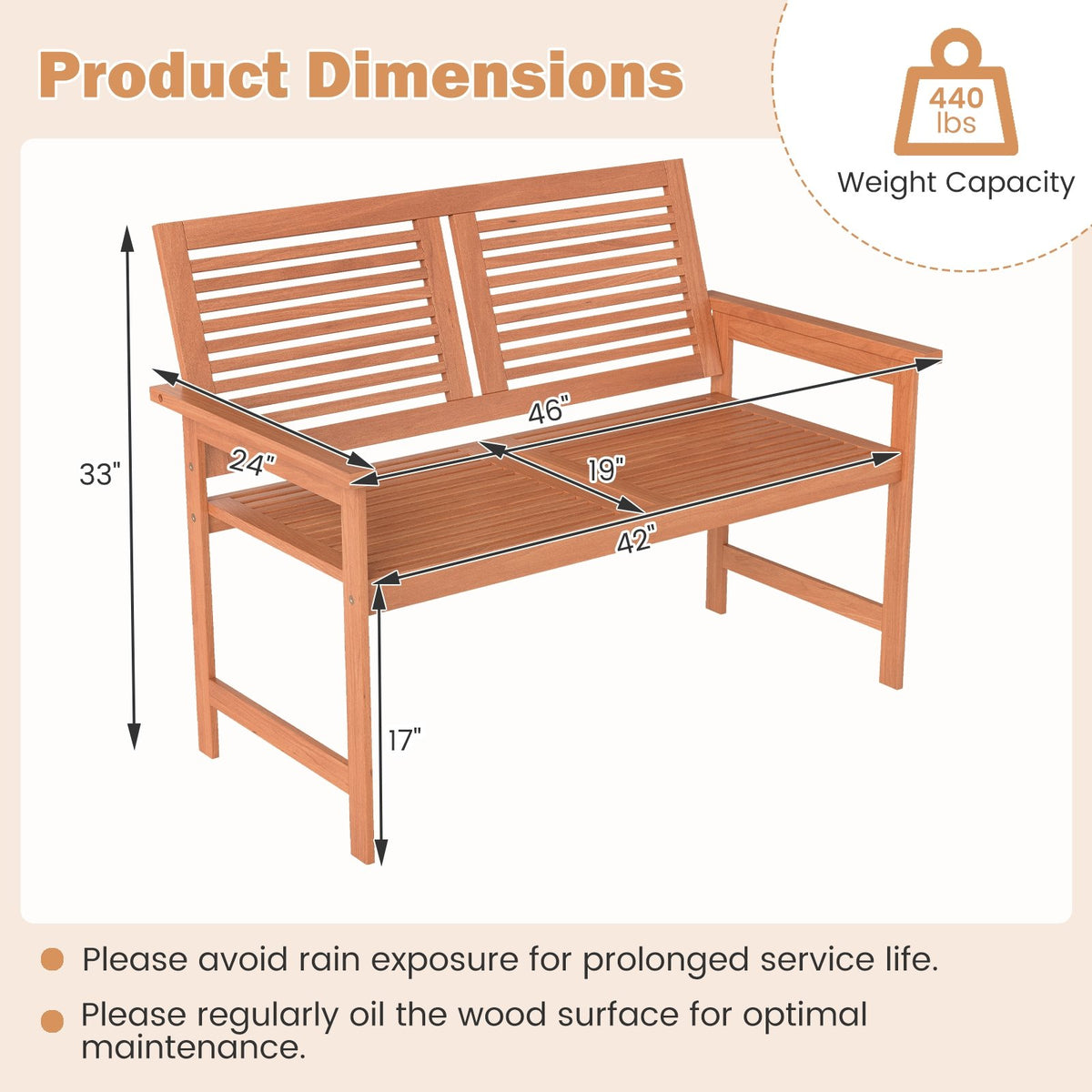 Outdoor Wooden Bench 2-Person Patio Bench with Slatted Backrest and Seat view 4