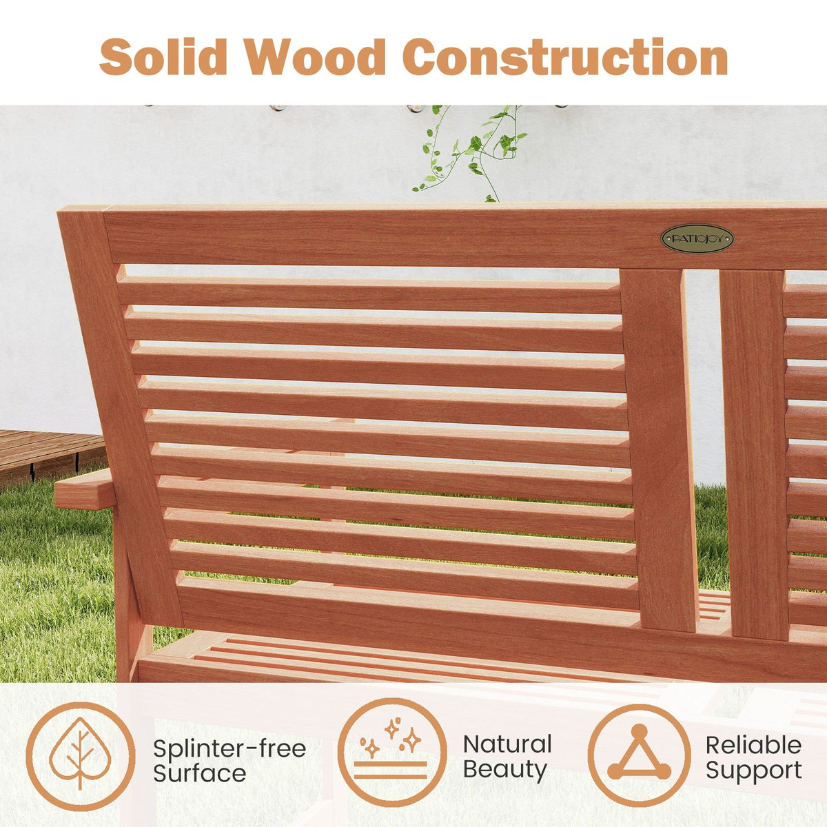 Outdoor Wooden Bench 2-Person Patio Bench with Slatted Backrest and Seat view 6