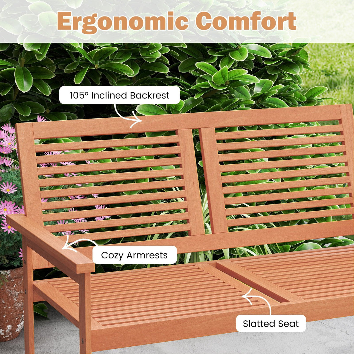 Outdoor Wooden Bench 2-Person Patio Bench with Slatted Backrest and Seat view 8