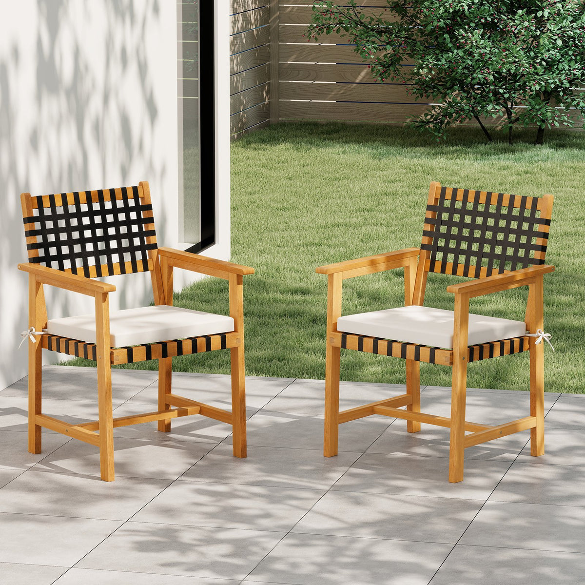 Outdoor Wooden Dining Chair Set of 2 with Armrests and Curved Back-White view 2