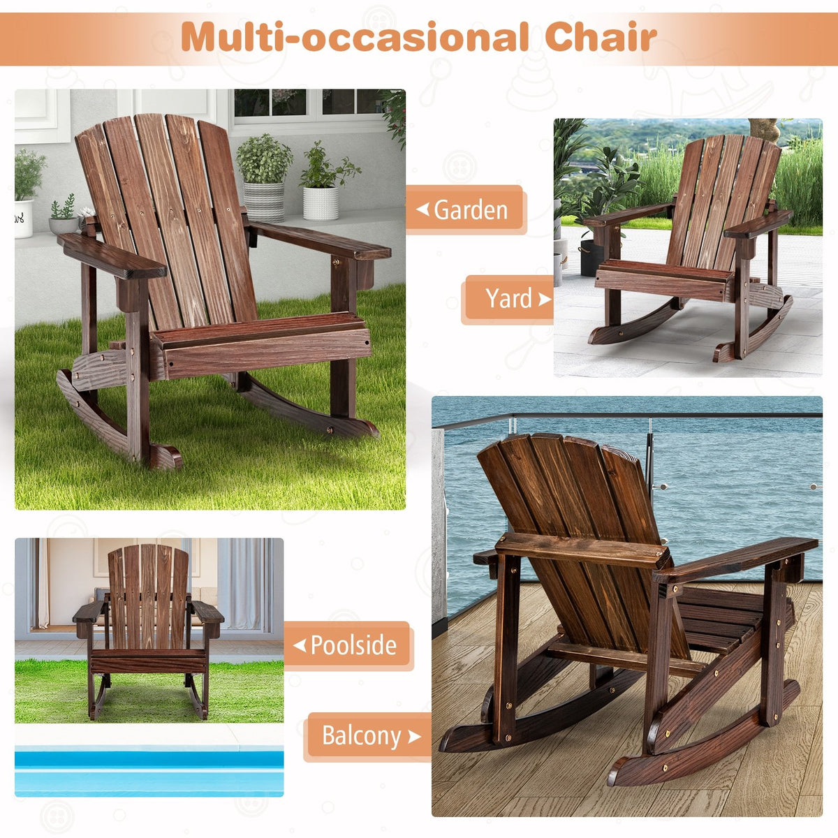 Outdoor Wooden Kid Adirondack Rocking Chair with Slatted Seat-Coffee view 8