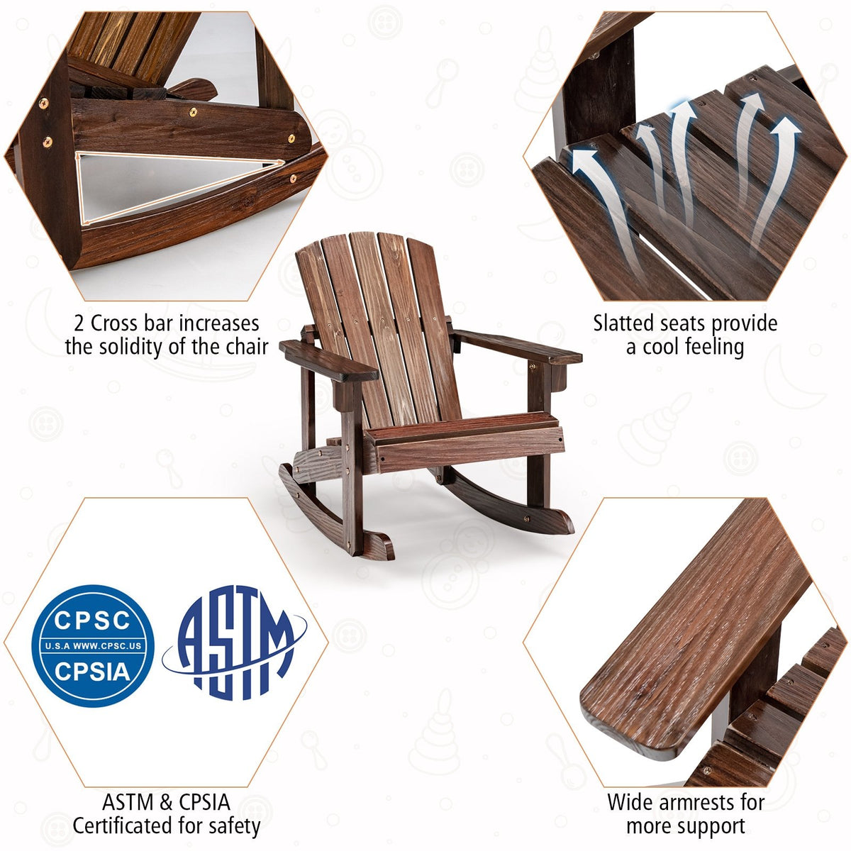 Outdoor Wooden Kid Adirondack Rocking Chair with Slatted Seat-Coffee view 9