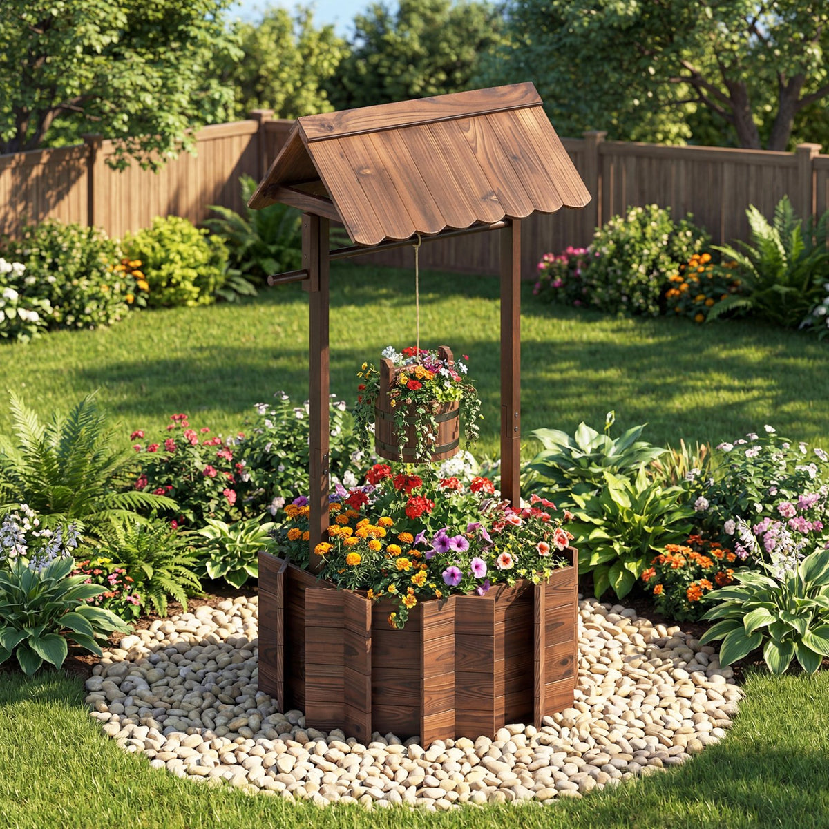 Outdoor Wooden Wishing Well Planter Bucket view 2