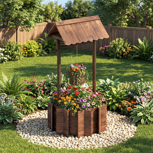 Outdoor Wooden Wishing Well Planter Bucket view 2
