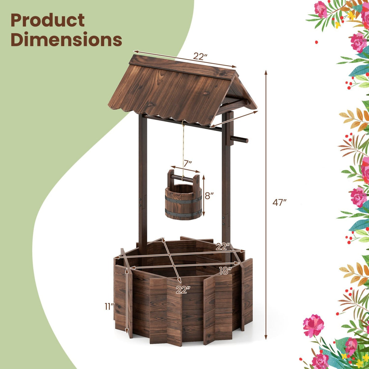 Outdoor Wooden Wishing Well Planter Bucket view 4