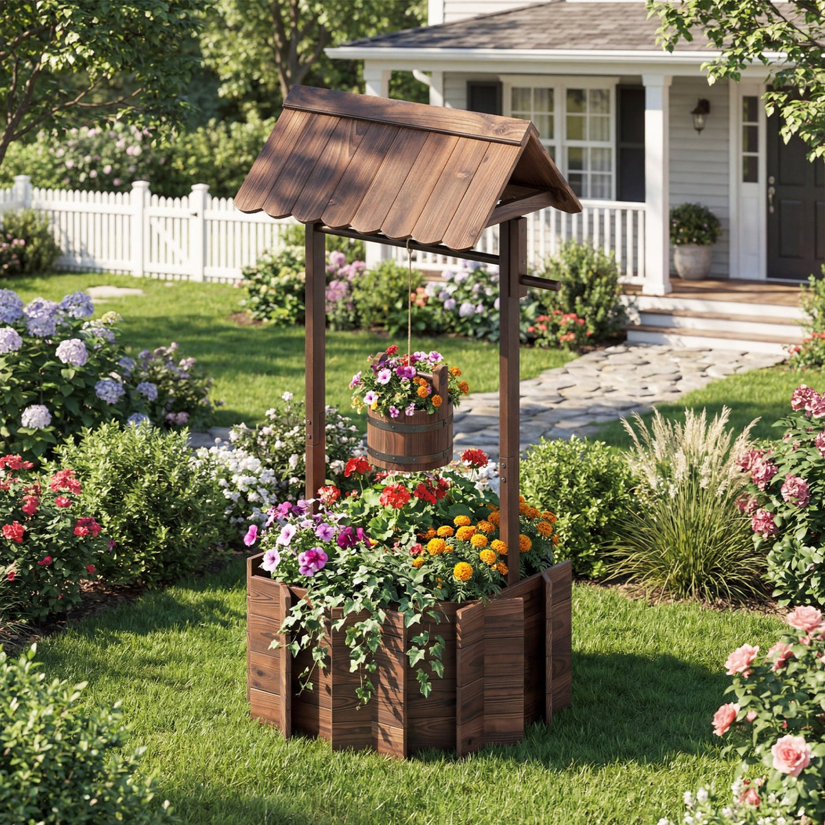 Outdoor Wooden Wishing Well Planter Bucket view 5