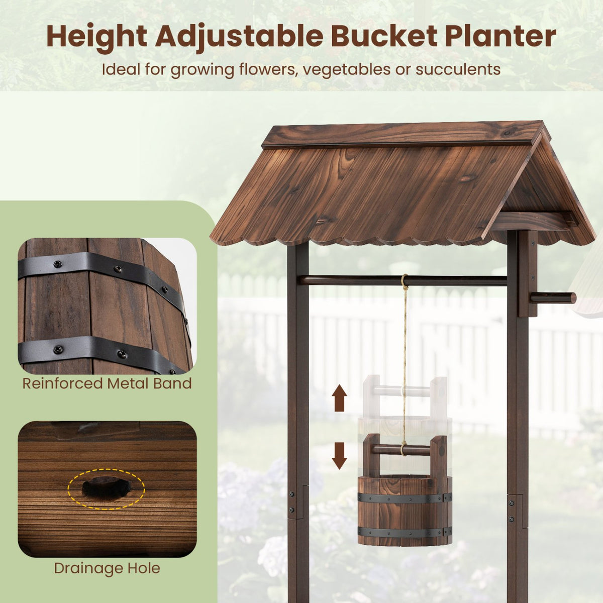 Outdoor Wooden Wishing Well Planter Bucket view 7