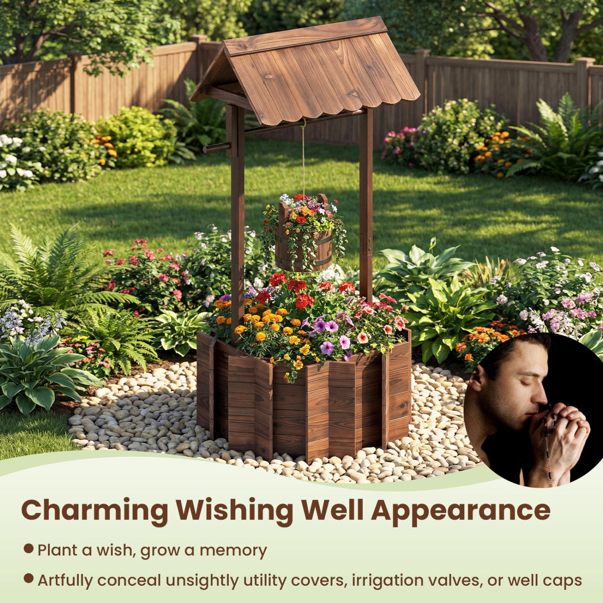 Outdoor Wooden Wishing Well Planter Bucket view 9