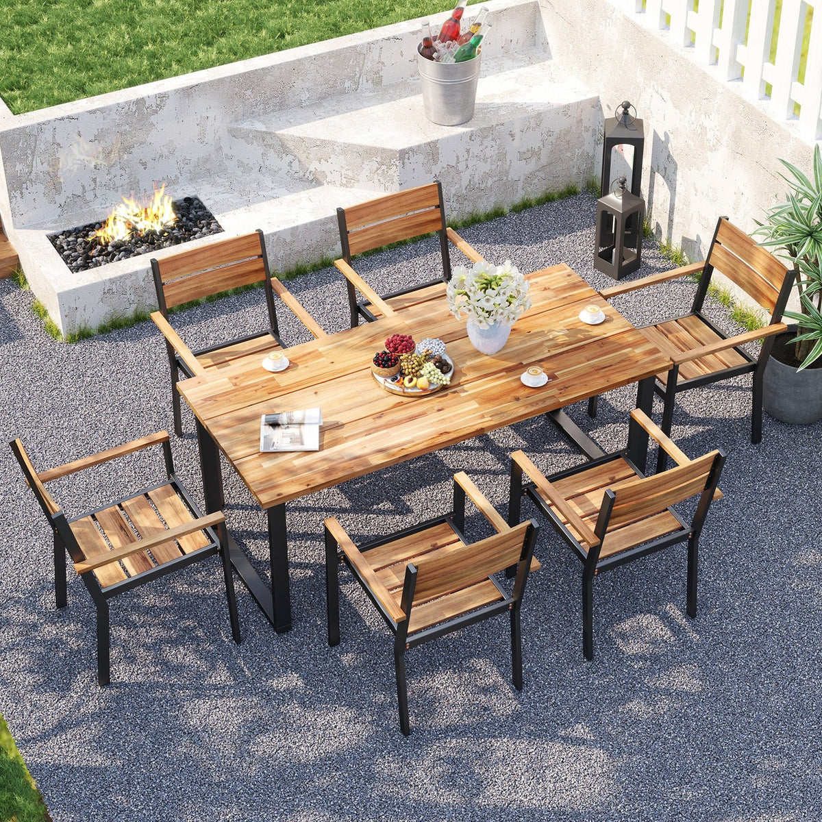 Outside Patio Dining Chair set of 6 with Acacia Armrest for Backyard Garden view 2