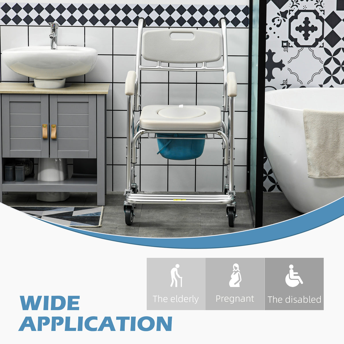 3-in-1 Shower Commode Wheelchair, Transport Beside Commode Chair with Padded Seat for the Elderly, Disabled