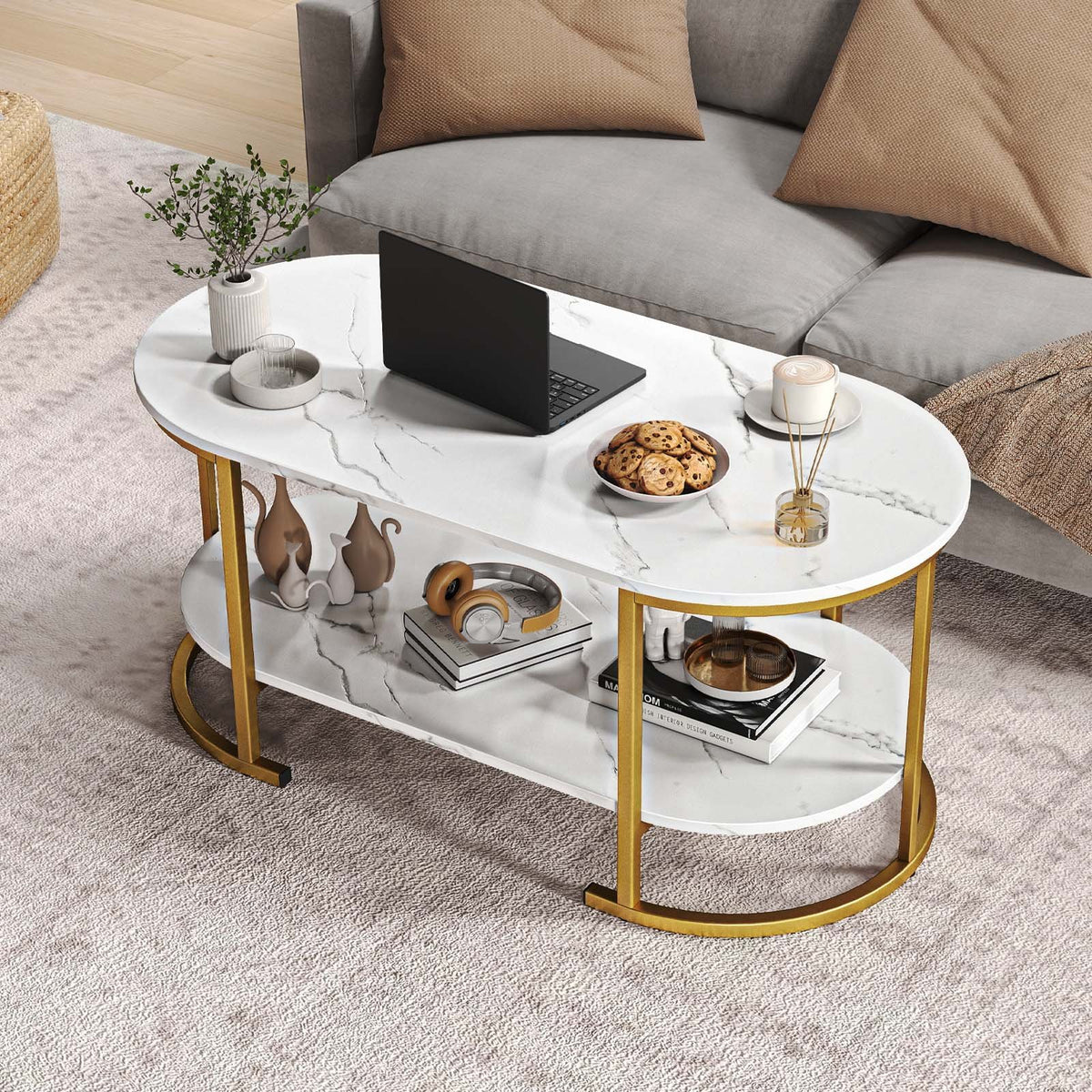 Oval Coffee Table 2-Tier Wooden Accent Table with Spacious Tabletop and Open Storage Shelf-White view 2