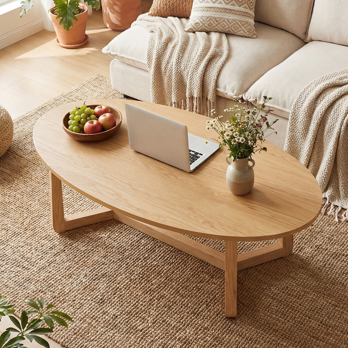 Oval Coffee Table 46 Inches Wooden Accent Table with Thickened Top-Natural view 2