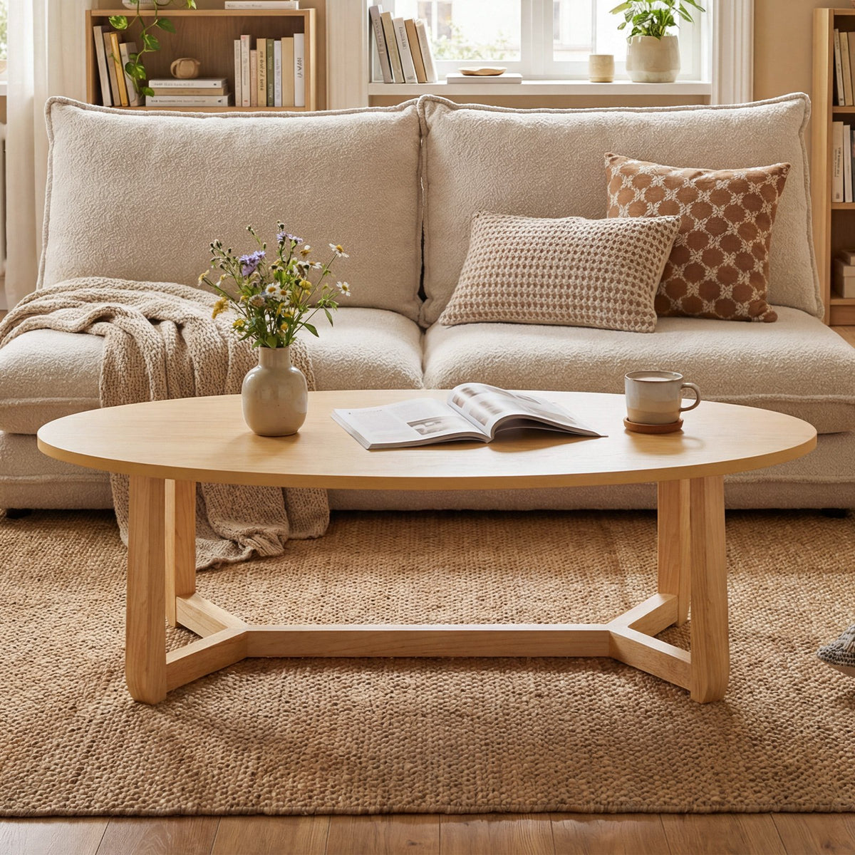 Oval Coffee Table 46 Inches Wooden Accent Table with Thickened Top-Natural view 3