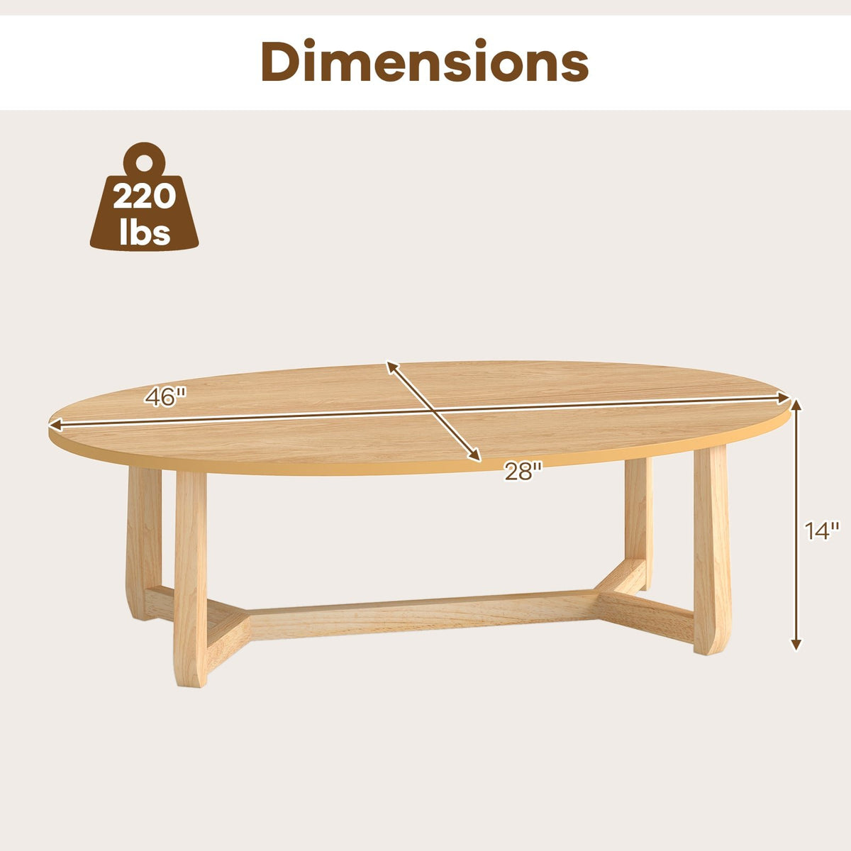 Oval Coffee Table 46 Inches Wooden Accent Table with Thickened Top-Natural view 5