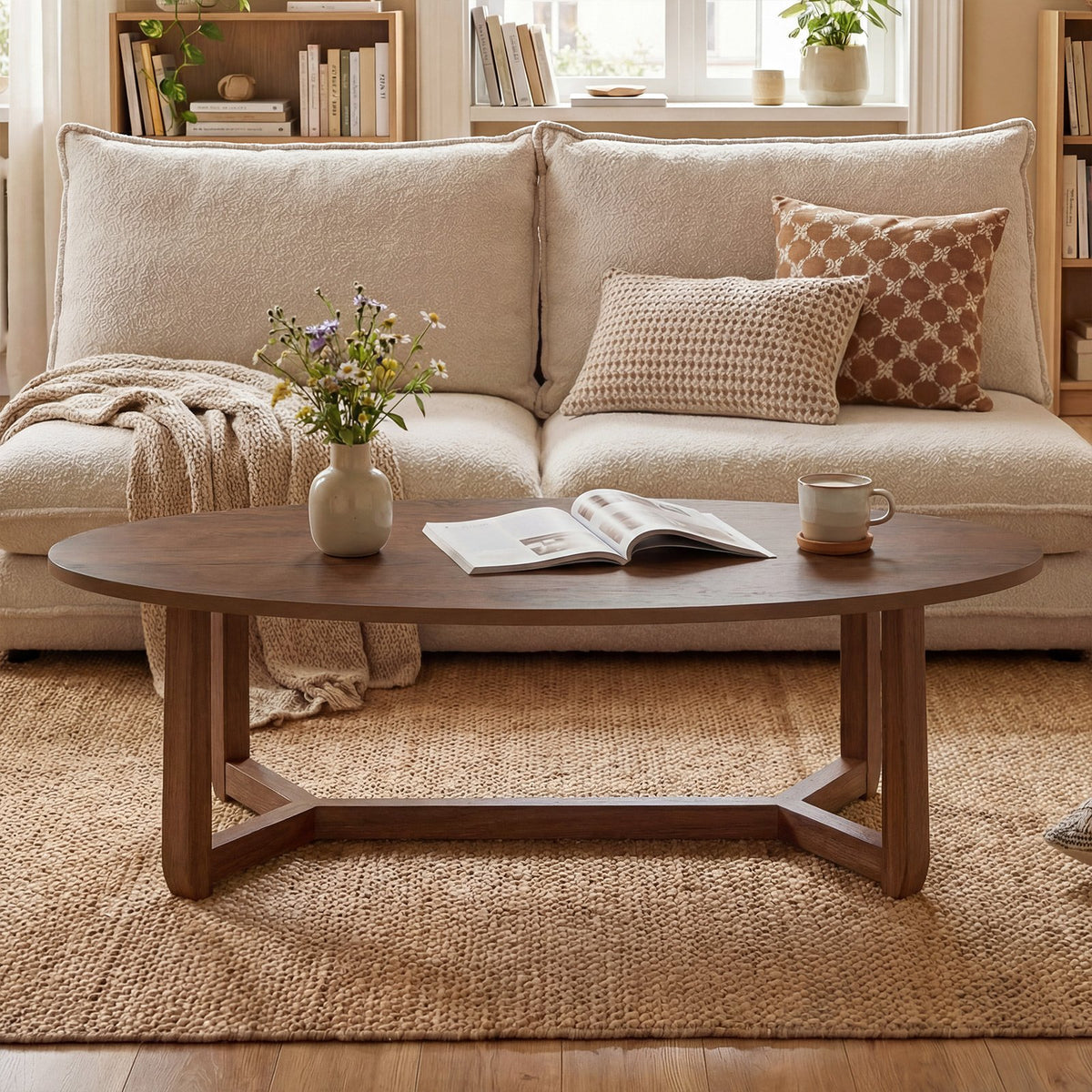Oval Coffee Table 46 Inches Wooden Accent Table with Thickened Top-Walnut view 2