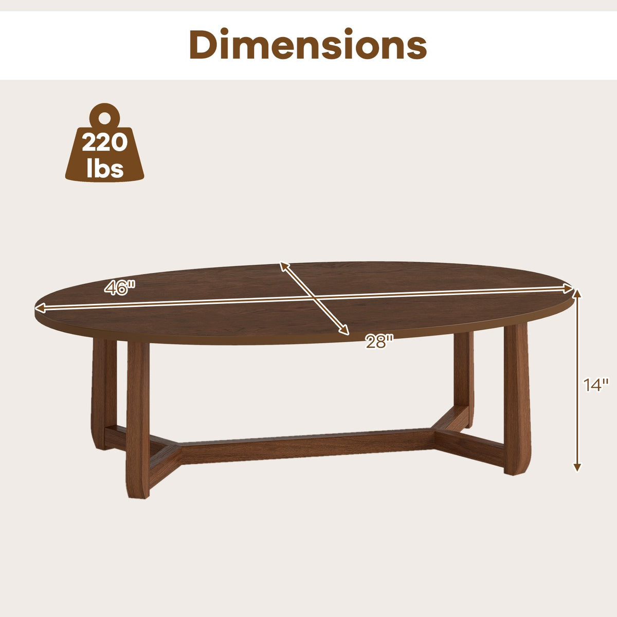Oval Coffee Table 46 Inches Wooden Accent Table with Thickened Top-Walnut view 5
