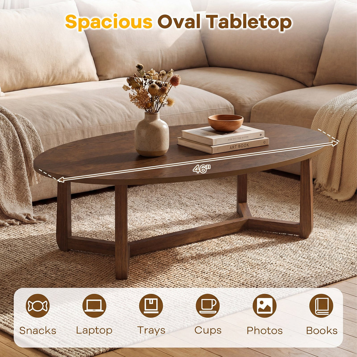 Oval Coffee Table 46 Inches Wooden Accent Table with Thickened Top-Walnut view 6