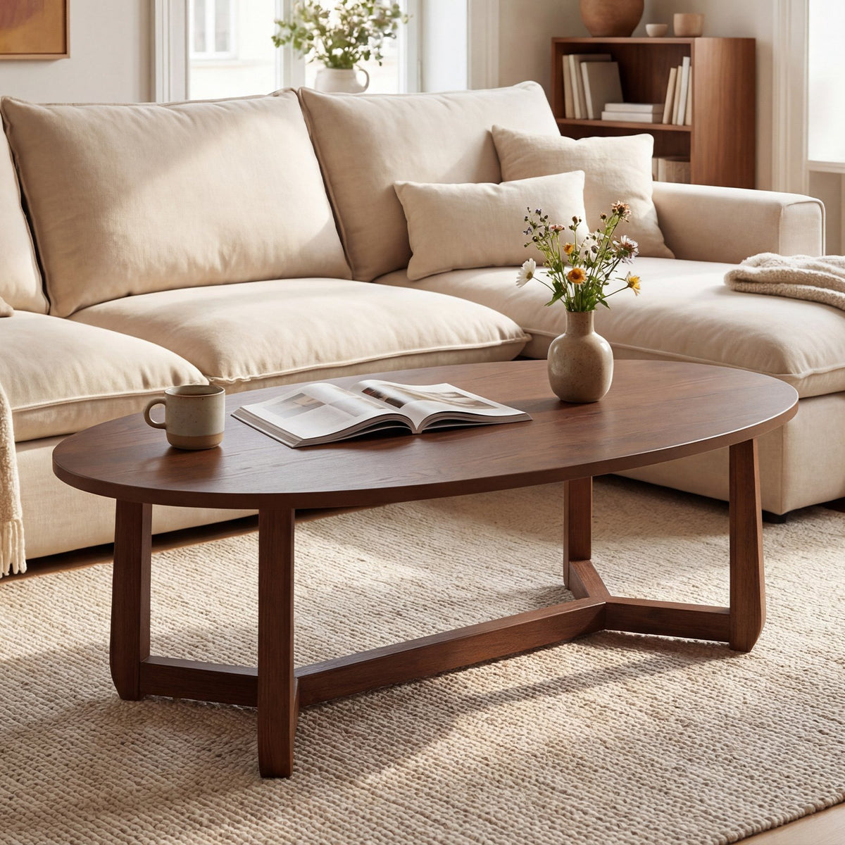 Oval Coffee Table 46 Inches Wooden Accent Table with Thickened Top-Walnut view 9