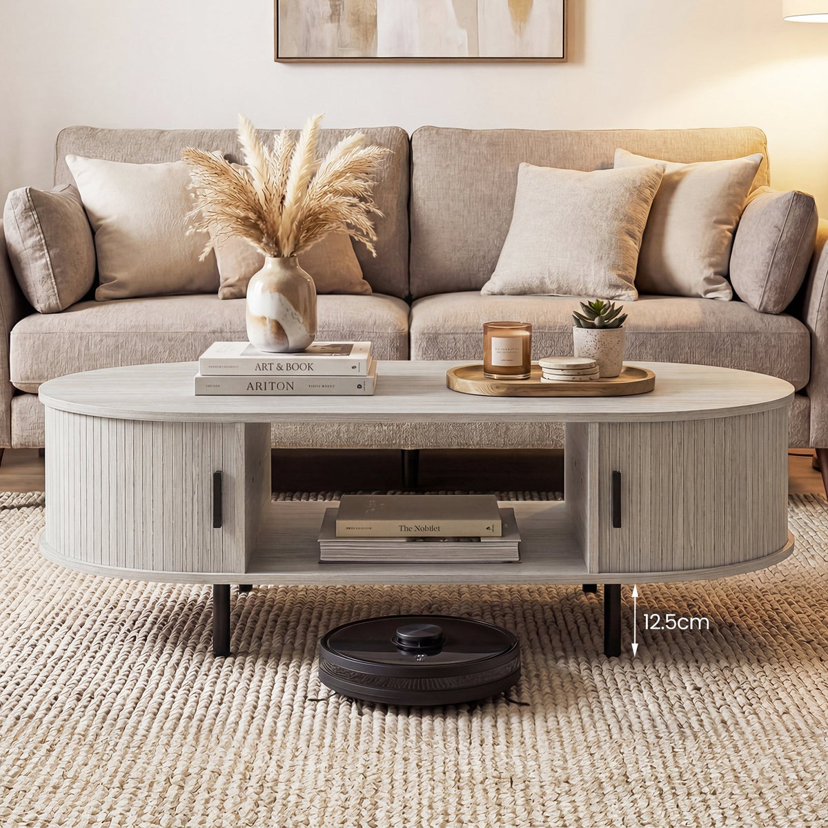 Oval Coffee Table 47.5inch Wooden Center Table with Storage-Oak view 3