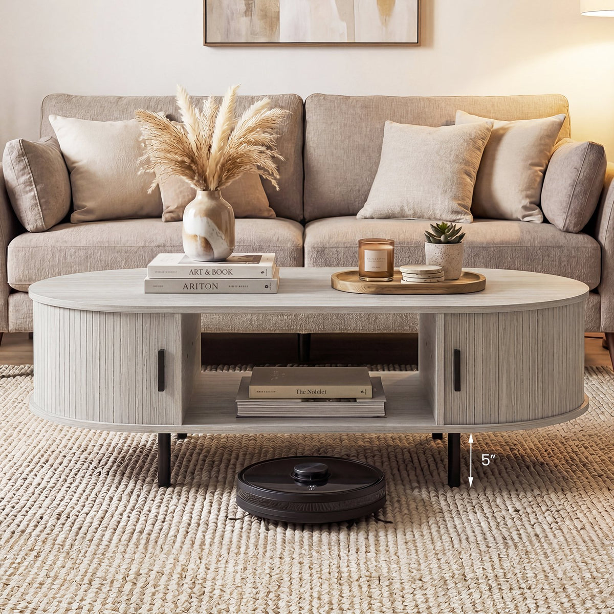 Oval Coffee Table 47.5inch Wooden Center Table with Storage-Oak view 6