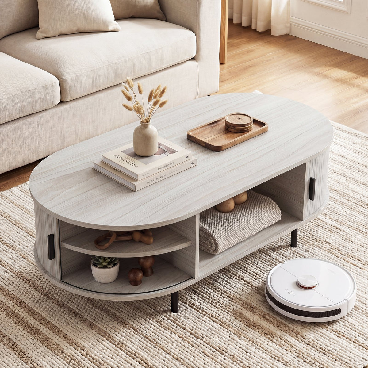 Oval Coffee Table 47.5inch Wooden Center Table with Storage-Oak view 7