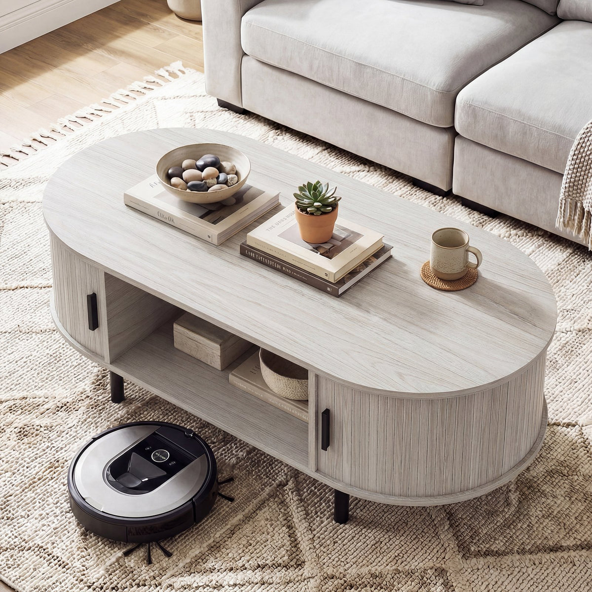 Oval Coffee Table 47.5inch Wooden Center Table with Storage-Oak view 8