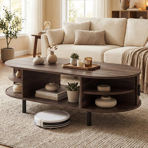 Oval Coffee Table 47.5inch Wooden Center Table with Storage-Walnut view 2