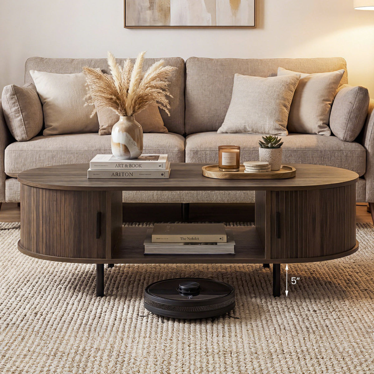 Oval Coffee Table 47.5inch Wooden Center Table with Storage-Walnut view 3