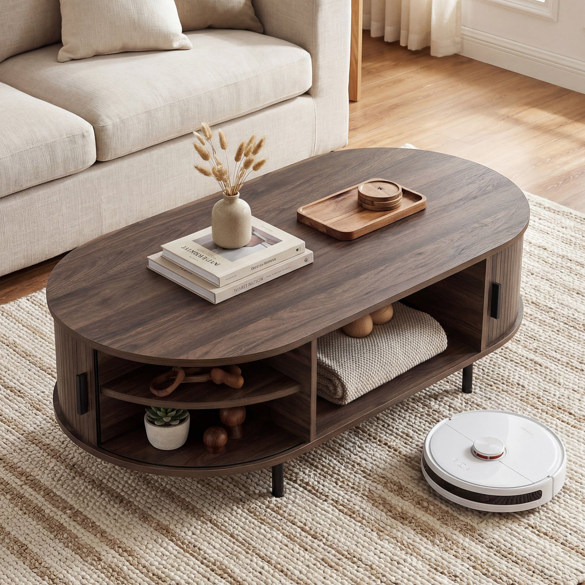 Oval Coffee Table 47.5inch Wooden Center Table with Storage-Walnut view 6